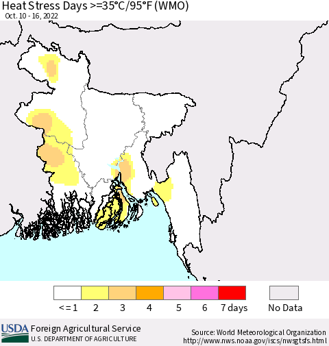 Bangladesh Heat Stress Days >=35°C/95°F (WMO) Thematic Map For 10/10/2022 - 10/16/2022