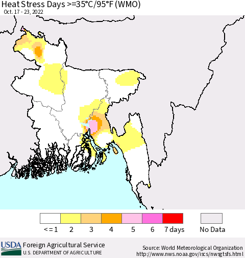 Bangladesh Heat Stress Days >=35°C/95°F (WMO) Thematic Map For 10/17/2022 - 10/23/2022