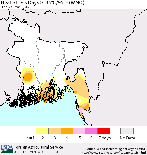 Bangladesh Heat Stress Days >=35°C/95°F (WMO) Thematic Map For 2/27/2023 - 3/5/2023