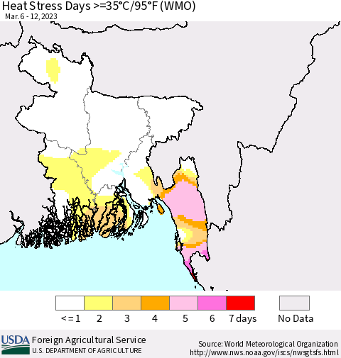 Bangladesh Heat Stress Days >=35°C/95°F (WMO) Thematic Map For 3/6/2023 - 3/12/2023