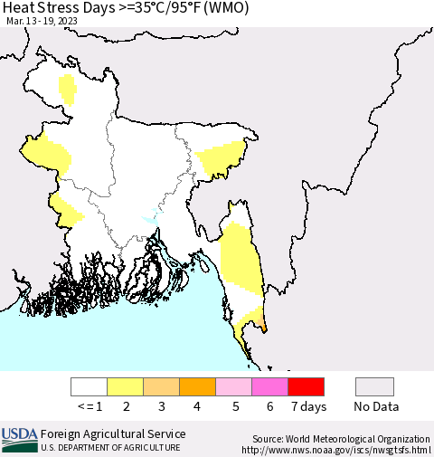 Bangladesh Heat Stress Days >=35°C/95°F (WMO) Thematic Map For 3/13/2023 - 3/19/2023
