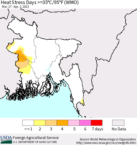 Bangladesh Heat Stress Days >=35°C/95°F (WMO) Thematic Map For 3/27/2023 - 4/2/2023