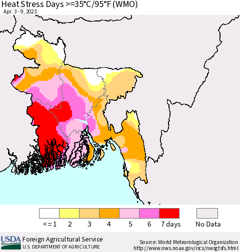 Bangladesh Heat Stress Days >=35°C/95°F (WMO) Thematic Map For 4/3/2023 - 4/9/2023