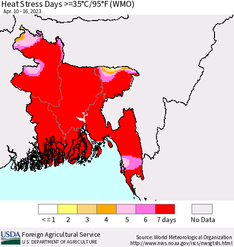 Bangladesh Heat Stress Days >=35°C/95°F (WMO) Thematic Map For 4/10/2023 - 4/16/2023