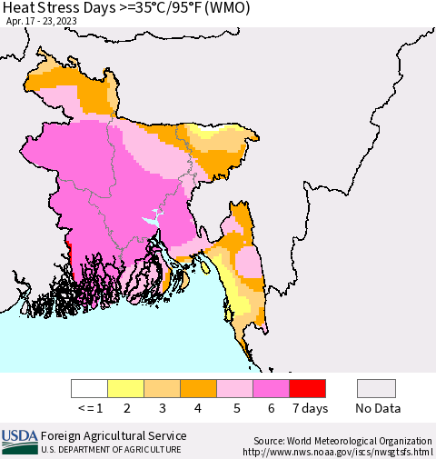 Bangladesh Heat Stress Days >=35°C/95°F (WMO) Thematic Map For 4/17/2023 - 4/23/2023