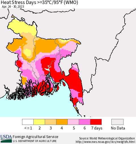 Bangladesh Heat Stress Days >=35°C/95°F (WMO) Thematic Map For 4/24/2023 - 4/30/2023
