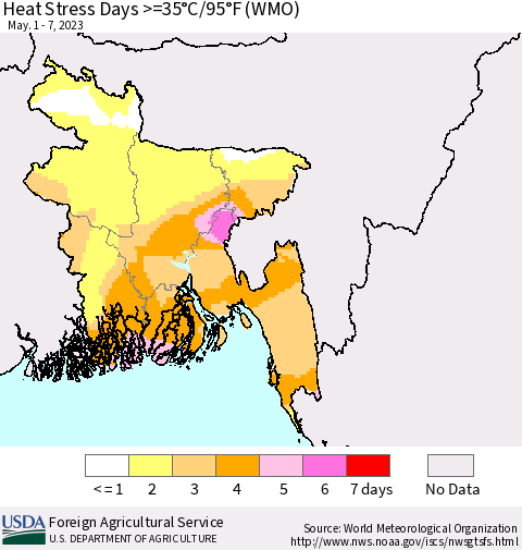 Bangladesh Heat Stress Days >=35°C/95°F (WMO) Thematic Map For 5/1/2023 - 5/7/2023