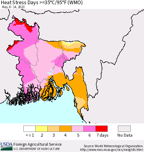Bangladesh Heat Stress Days >=35°C/95°F (WMO) Thematic Map For 5/8/2023 - 5/14/2023
