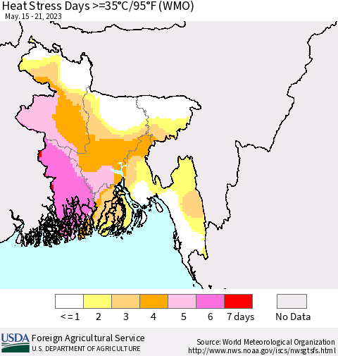 Bangladesh Heat Stress Days >=35°C/95°F (WMO) Thematic Map For 5/15/2023 - 5/21/2023
