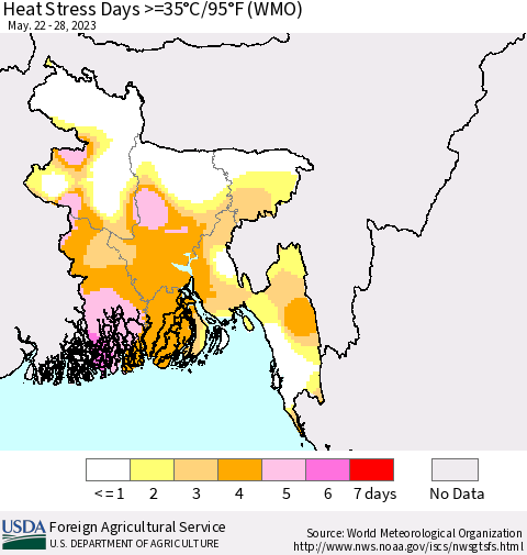Bangladesh Heat Stress Days >=35°C/95°F (WMO) Thematic Map For 5/22/2023 - 5/28/2023