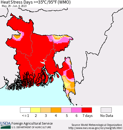 Bangladesh Heat Stress Days >=35°C/95°F (WMO) Thematic Map For 5/29/2023 - 6/4/2023
