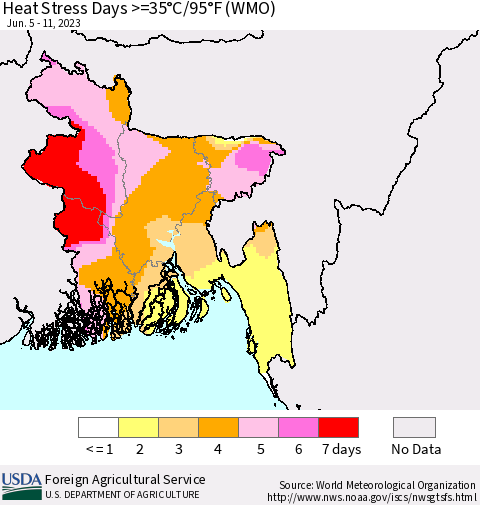Bangladesh Heat Stress Days >=35°C/95°F (WMO) Thematic Map For 6/5/2023 - 6/11/2023