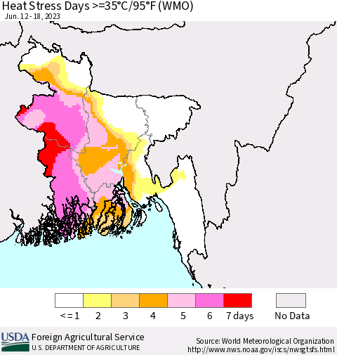 Bangladesh Heat Stress Days >=35°C/95°F (WMO) Thematic Map For 6/12/2023 - 6/18/2023