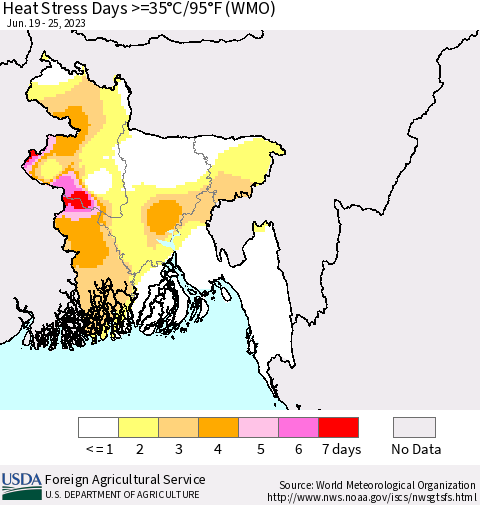 Bangladesh Heat Stress Days >=35°C/95°F (WMO) Thematic Map For 6/19/2023 - 6/25/2023