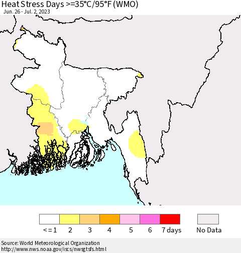 Bangladesh Heat Stress Days >=35°C/95°F (WMO) Thematic Map For 6/26/2023 - 7/2/2023
