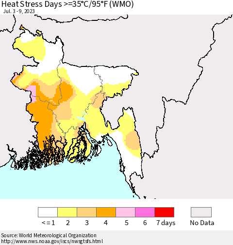 Bangladesh Heat Stress Days >=35°C/95°F (WMO) Thematic Map For 7/3/2023 - 7/9/2023