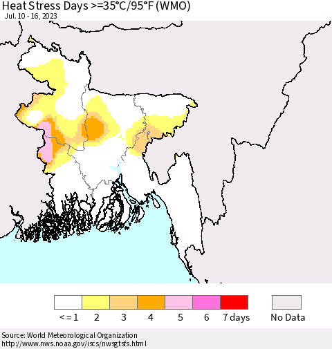 Bangladesh Heat Stress Days >=35°C/95°F (WMO) Thematic Map For 7/10/2023 - 7/16/2023