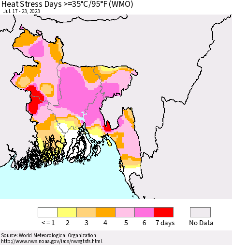 Bangladesh Heat Stress Days >=35°C/95°F (WMO) Thematic Map For 7/17/2023 - 7/23/2023