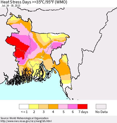 Bangladesh Heat Stress Days >=35°C/95°F (WMO) Thematic Map For 7/24/2023 - 7/30/2023
