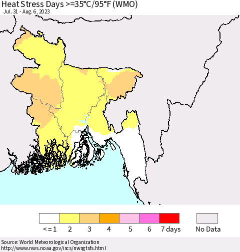 Bangladesh Heat Stress Days >=35°C/95°F (WMO) Thematic Map For 7/31/2023 - 8/6/2023