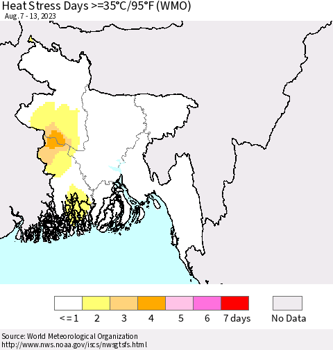 Bangladesh Heat Stress Days >=35°C/95°F (WMO) Thematic Map For 8/7/2023 - 8/13/2023