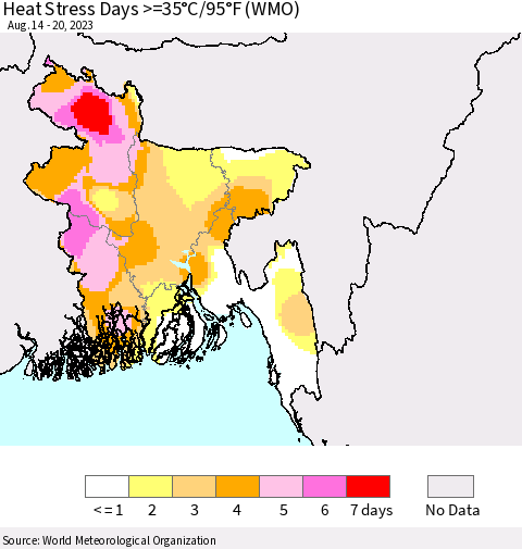 Bangladesh Heat Stress Days >=35°C/95°F (WMO) Thematic Map For 8/14/2023 - 8/20/2023
