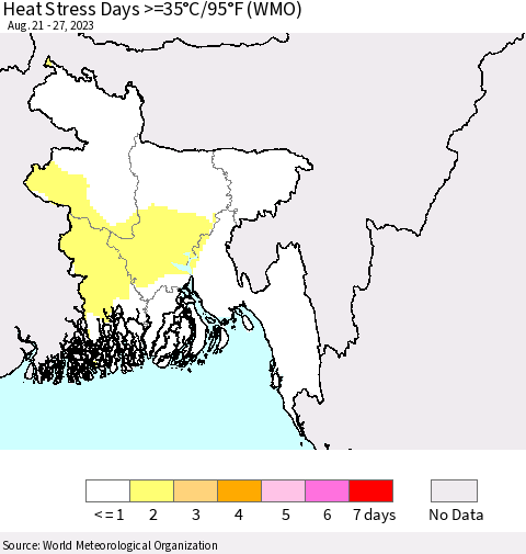 Bangladesh Heat Stress Days >=35°C/95°F (WMO) Thematic Map For 8/21/2023 - 8/27/2023