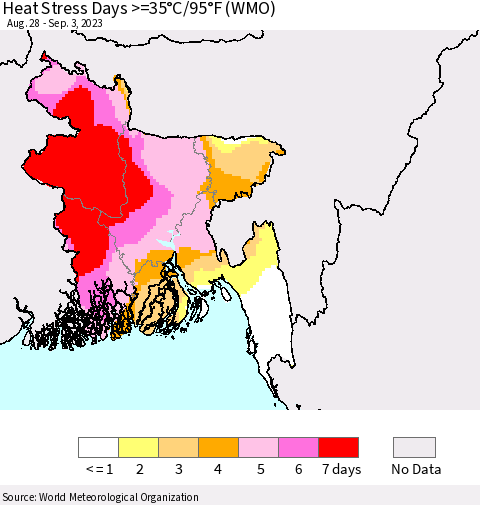 Bangladesh Heat Stress Days >=35°C/95°F (WMO) Thematic Map For 8/28/2023 - 9/3/2023