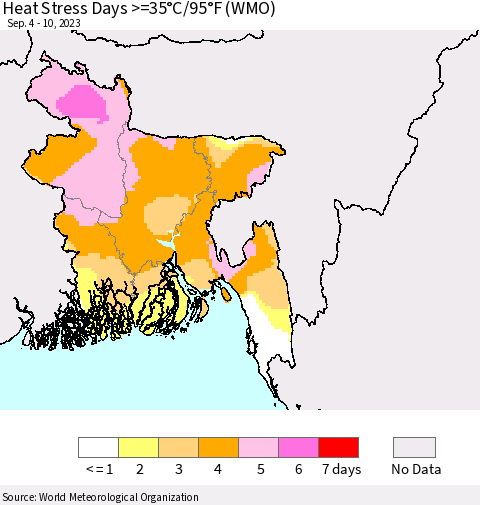 Bangladesh Heat Stress Days >=35°C/95°F (WMO) Thematic Map For 9/4/2023 - 9/10/2023