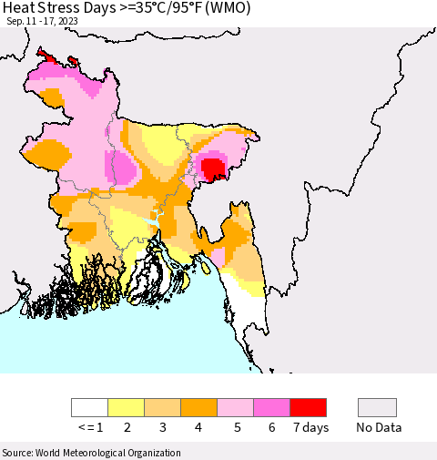 Bangladesh Heat Stress Days >=35°C/95°F (WMO) Thematic Map For 9/11/2023 - 9/17/2023