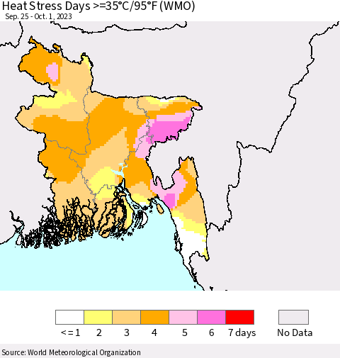 Bangladesh Heat Stress Days >=35°C/95°F (WMO) Thematic Map For 9/25/2023 - 10/1/2023