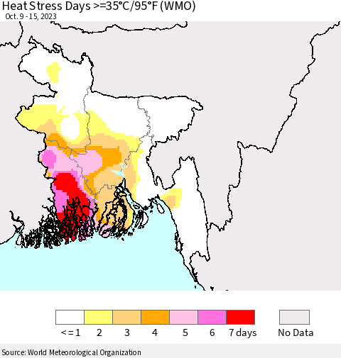 Bangladesh Heat Stress Days >=35°C/95°F (WMO) Thematic Map For 10/9/2023 - 10/15/2023