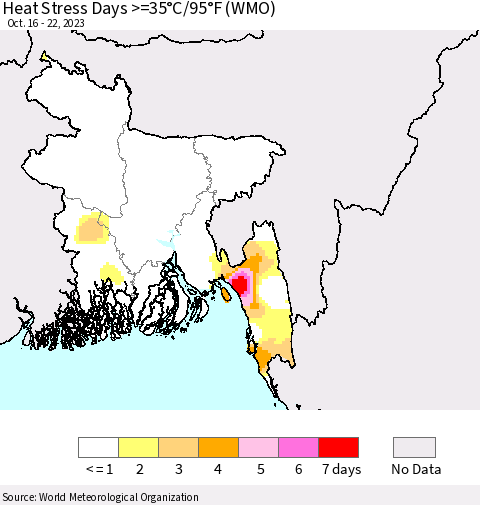 Bangladesh Heat Stress Days >=35°C/95°F (WMO) Thematic Map For 10/16/2023 - 10/22/2023