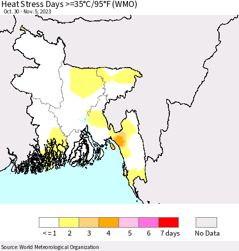 Bangladesh Heat Stress Days >=35°C/95°F (WMO) Thematic Map For 10/30/2023 - 11/5/2023
