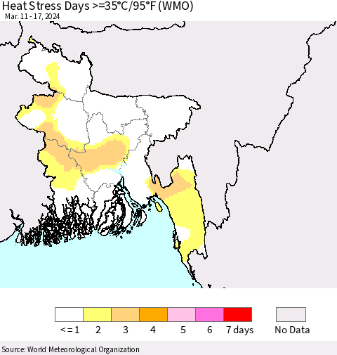 Bangladesh Heat Stress Days >=35°C/95°F (WMO) Thematic Map For 3/11/2024 - 3/17/2024