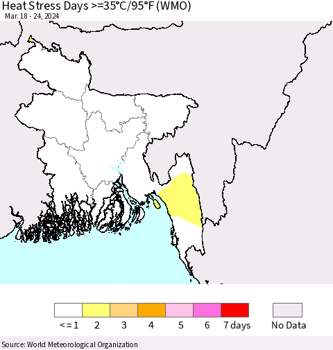 Bangladesh Heat Stress Days >=35°C/95°F (WMO) Thematic Map For 3/18/2024 - 3/24/2024