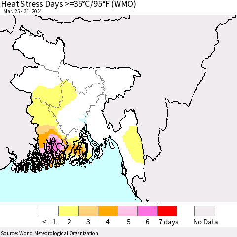 Bangladesh Heat Stress Days >=35°C/95°F (WMO) Thematic Map For 3/25/2024 - 3/31/2024