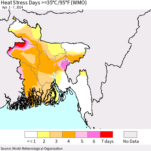 Bangladesh Heat Stress Days >=35°C/95°F (WMO) Thematic Map For 4/1/2024 - 4/7/2024