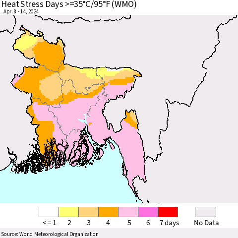 Bangladesh Heat Stress Days >=35°C/95°F (WMO) Thematic Map For 4/8/2024 - 4/14/2024