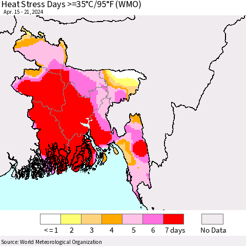 Bangladesh Heat Stress Days >=35°C/95°F (WMO) Thematic Map For 4/15/2024 - 4/21/2024