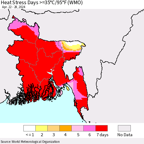Bangladesh Heat Stress Days >=35°C/95°F (WMO) Thematic Map For 4/22/2024 - 4/28/2024