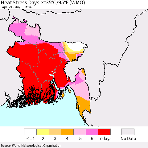 Bangladesh Heat Stress Days >=35°C/95°F (WMO) Thematic Map For 4/29/2024 - 5/5/2024