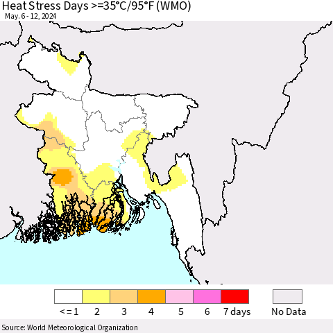 Bangladesh Heat Stress Days >=35°C/95°F (WMO) Thematic Map For 5/6/2024 - 5/12/2024