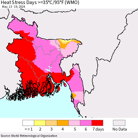 Bangladesh Heat Stress Days >=35°C/95°F (WMO) Thematic Map For 5/13/2024 - 5/19/2024