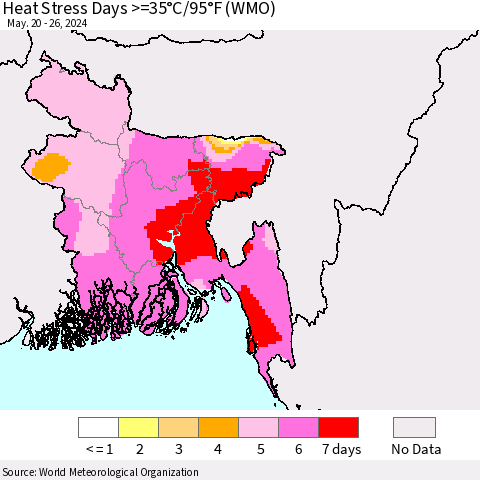 Bangladesh Heat Stress Days >=35°C/95°F (WMO) Thematic Map For 5/20/2024 - 5/26/2024