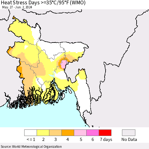 Bangladesh Heat Stress Days >=35°C/95°F (WMO) Thematic Map For 5/27/2024 - 6/2/2024