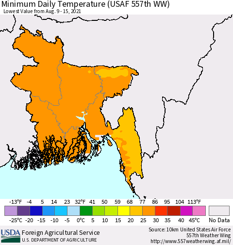 Bangladesh Minimum Daily Temperature (USAF 557th WW) Thematic Map For 8/9/2021 - 8/15/2021