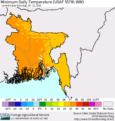 Bangladesh Minimum Daily Temperature (USAF 557th WW) Thematic Map For 8/16/2021 - 8/22/2021