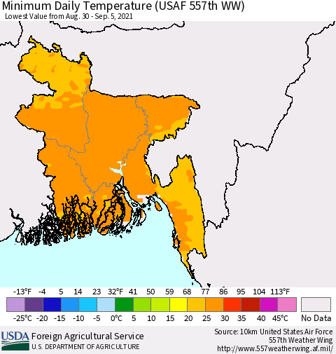 Bangladesh Minimum Daily Temperature (USAF 557th WW) Thematic Map For 8/30/2021 - 9/5/2021