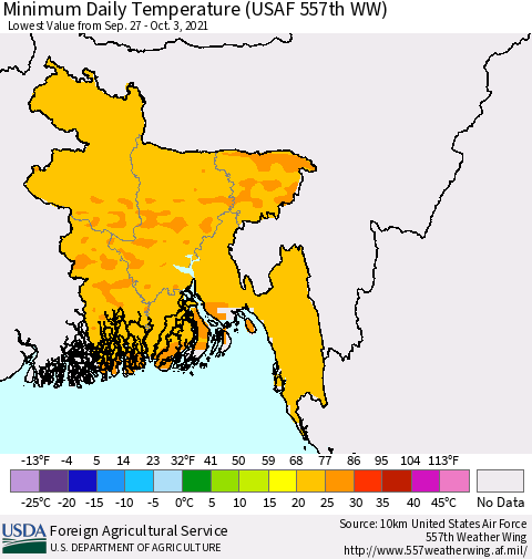 Bangladesh Minimum Daily Temperature (USAF 557th WW) Thematic Map For 9/27/2021 - 10/3/2021